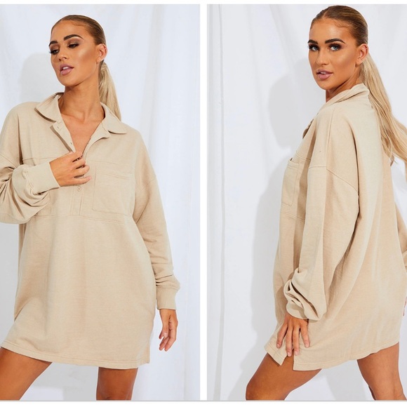 PrettyLittleThing Dresses & Skirts - EUC PrettyLittleThing Women Stone Polo Collar Sweatshirt Mini Dress Size US 1